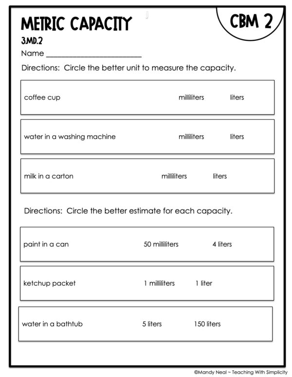 3rd Grade Metric Capacity Intervention Assessment 2