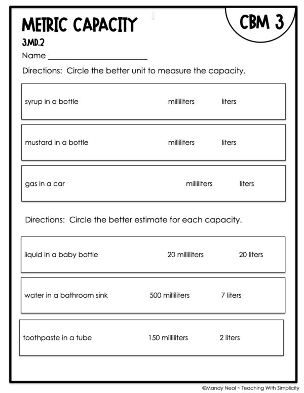 3rd Grade Metric Capacity Intervention Assessment 3