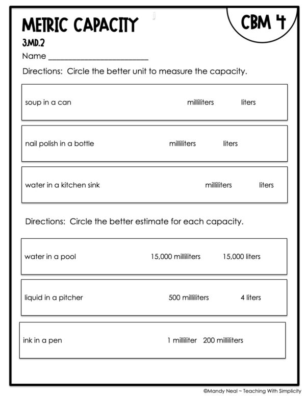 3rd Grade Metric Capacity Intervention Assessment 4