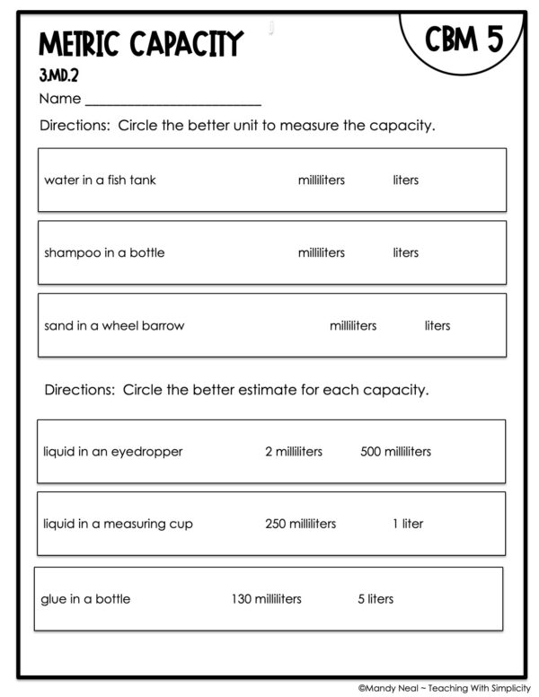 3rd Grade Metric Capacity Intervention Assessment 5