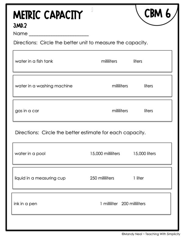 3rd Grade Metric Capacity Intervention Assessment 6