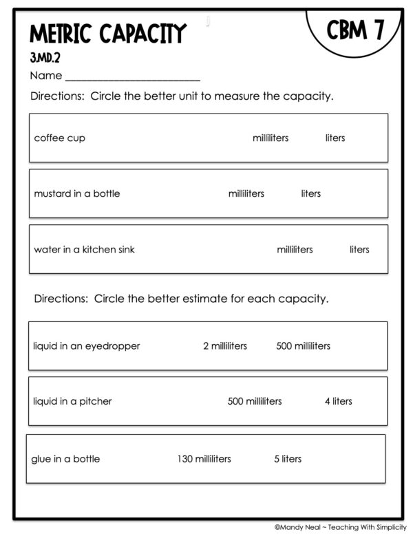 3rd Grade Metric Capacity Intervention Assessment 7