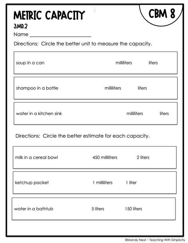 3rd Grade Metric Capacity Intervention Assessment 8