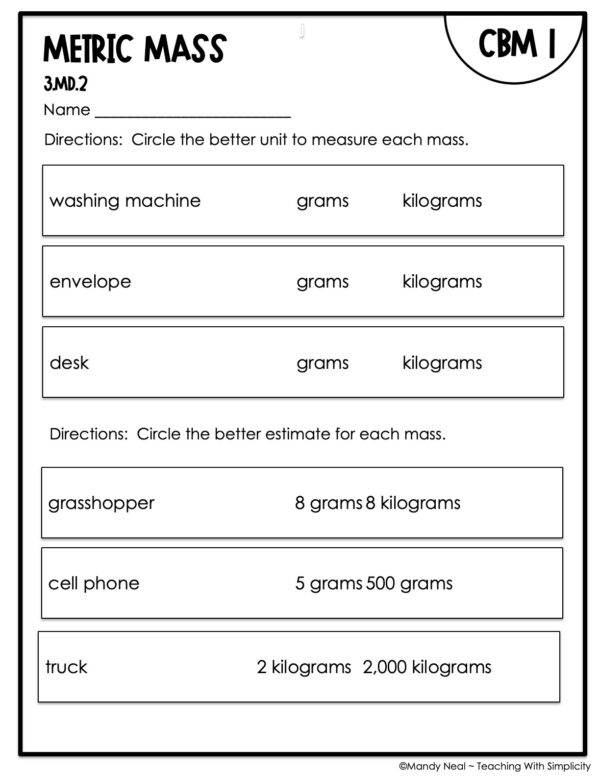 3rd Grade Metric Mass Intervention Assessment 1