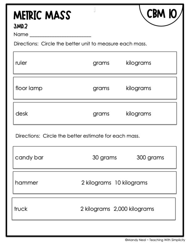 3rd Grade Metric Mass Intervention Assessment 10