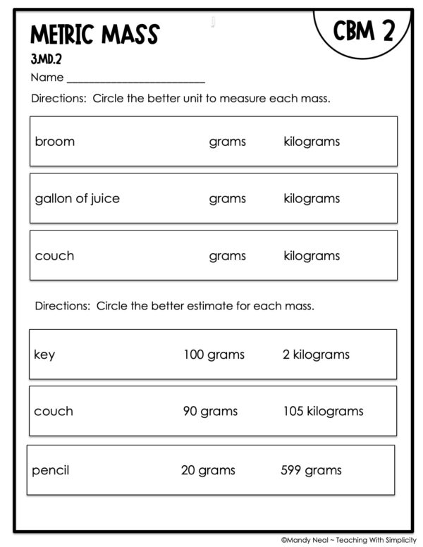 3rd Grade Metric Mass Intervention Assessment 2