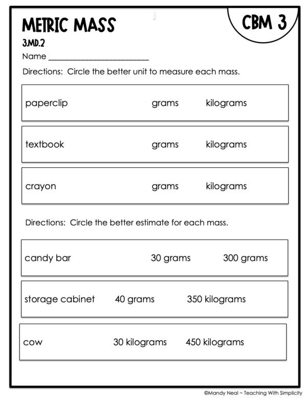 3rd Grade Metric Mass Intervention Assessment 3