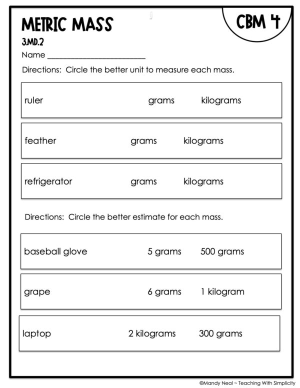 3rd Grade Metric Mass Intervention Assessment 4