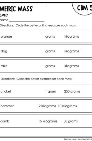 3rd Grade Metric Mass Intervention Assessment 5