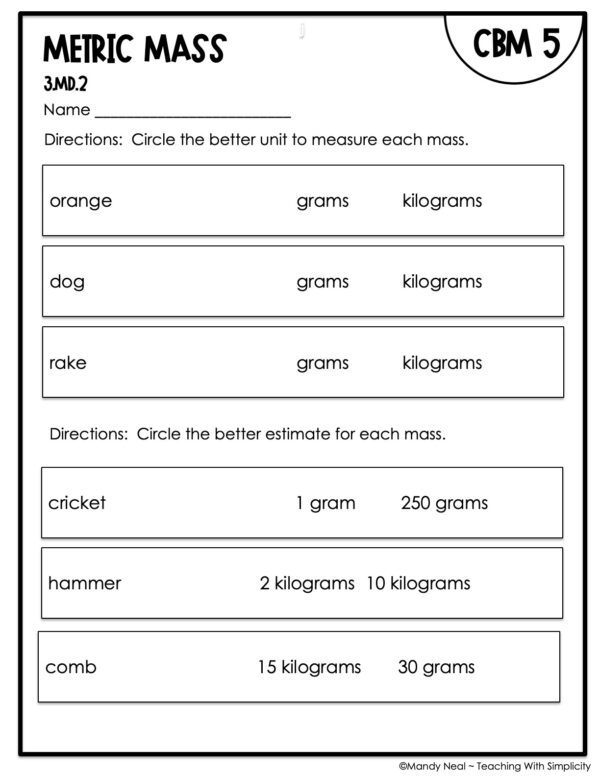 3rd Grade Metric Mass Intervention Assessment 5