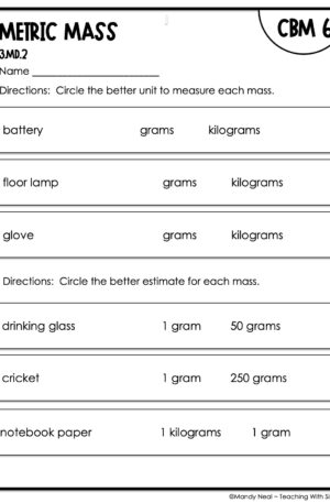 3rd Grade Metric Mass Intervention Assessment 6