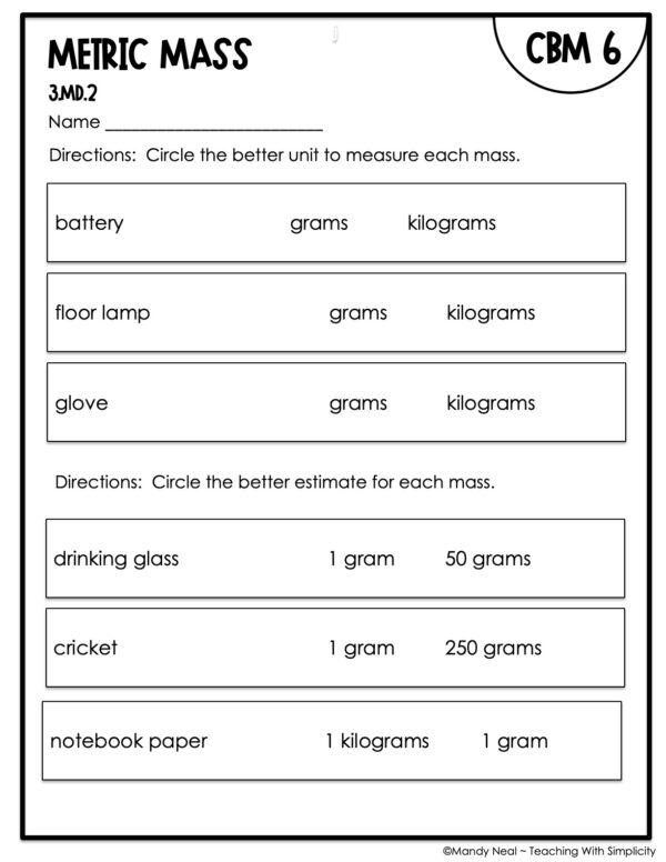 3rd Grade Metric Mass Intervention Assessment 6