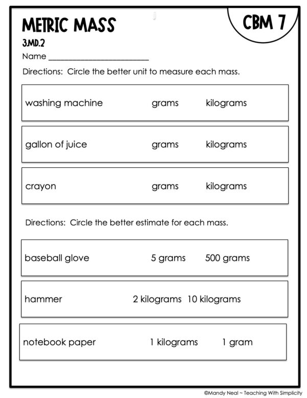 3rd Grade Metric Mass Intervention Assessment 7