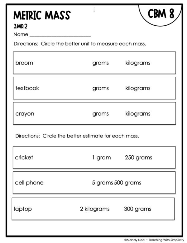 3rd Grade Metric Mass Intervention Assessment 8