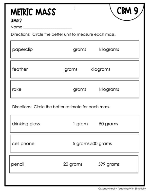 3rd Grade Metric Mass Intervention Assessment 9