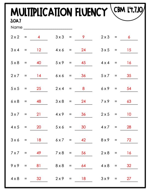 3rd Grade Multiplication Fluency Intervention Assessment Answer Key