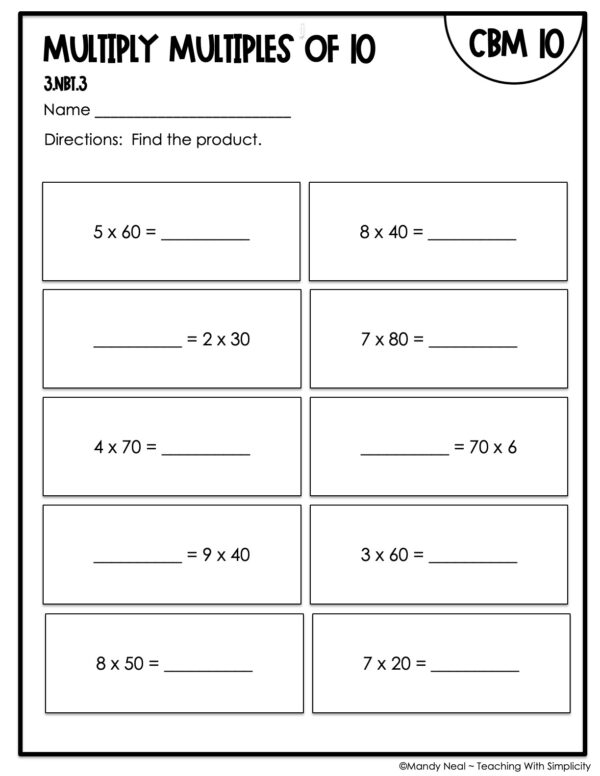 3rd Grade Multiply Multiples of 10 Intervention Assessment 10