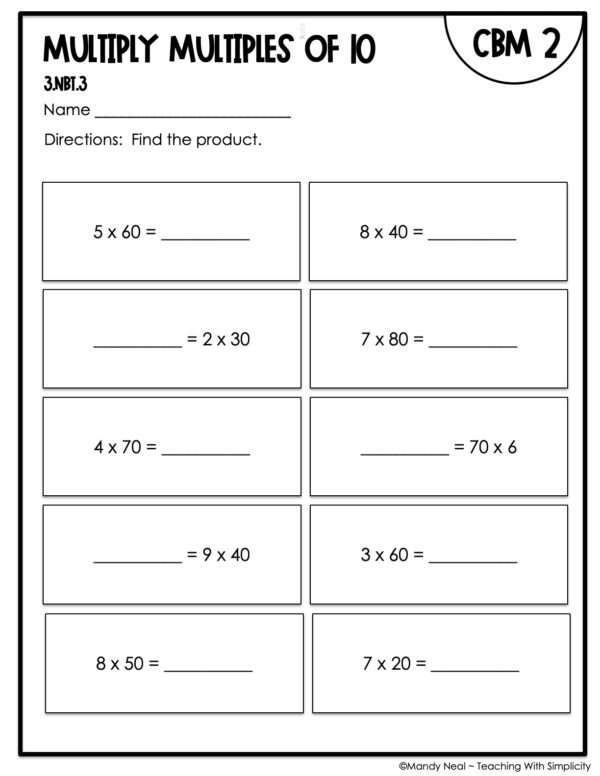 3rd Grade Multiply Multiples of 10 Intervention Assessment 2