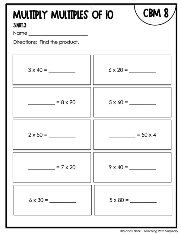 3rd Grade Multiply Multiples of 10 Intervention Assessment 8