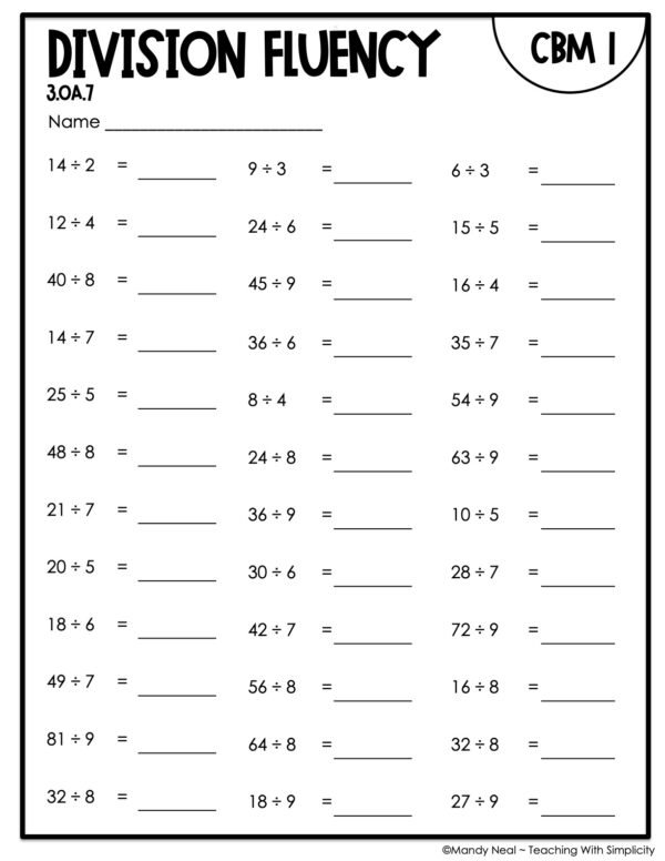 3rd Grade Relate Division Fluency Intervention Assessment 1