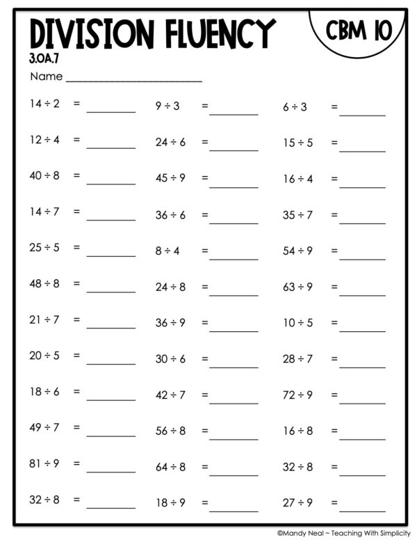 3rd Grade Relate Division Fluency Intervention Assessment 10