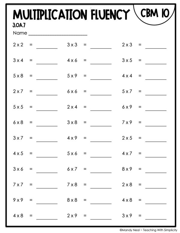 3rd Grade Relate Multiplication Fluency Intervention Assessment 10