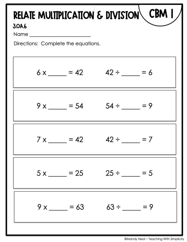 3rd Grade Relate Multiplication and Division Intervention Assessment 1