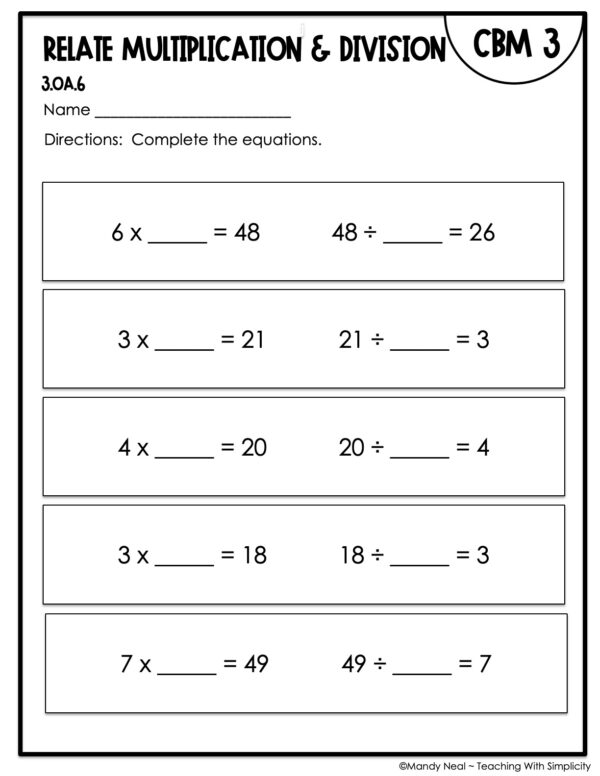 3rd Grade Relate Multiplication and Division Intervention Assessment 3