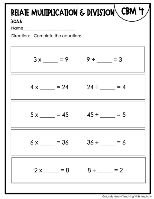 3rd Grade Relate Multiplication and Division Intervention Assessment 4