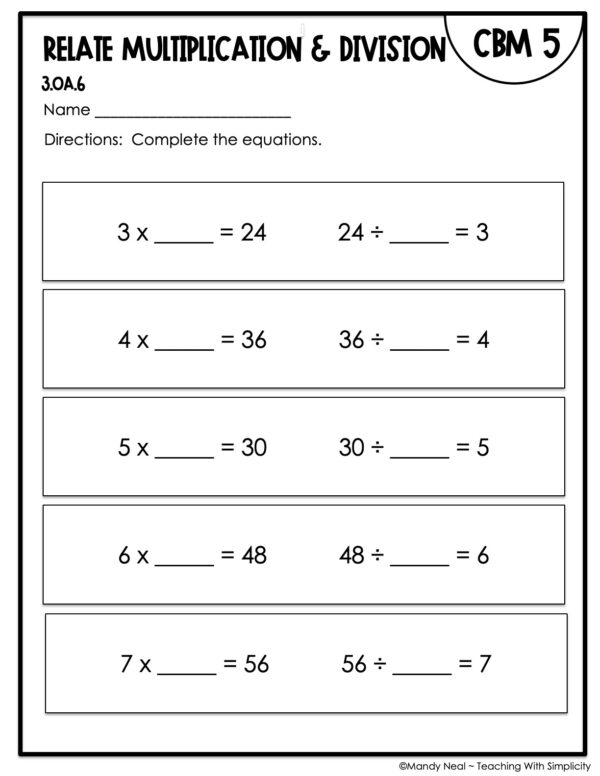 3rd Grade Relate Multiplication and Division Intervention Assessment 5