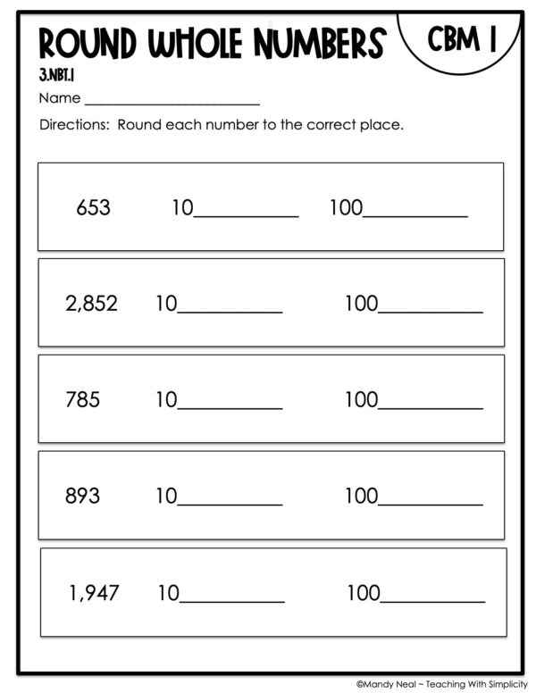 3rd Grade Round Whole Numbers Intervention Assessment 1