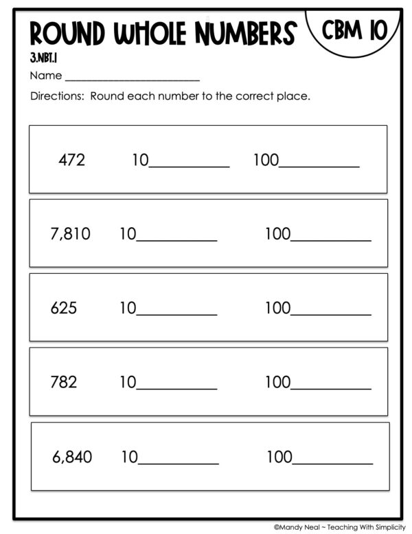 3rd Grade Round Whole Numbers Intervention Assessment 10