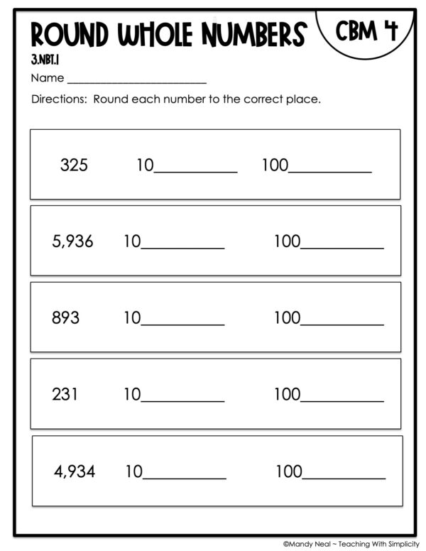 3rd Grade Round Whole Numbers Intervention Assessment 4