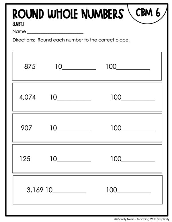 3rd Grade Round Whole Numbers Intervention Assessment 6