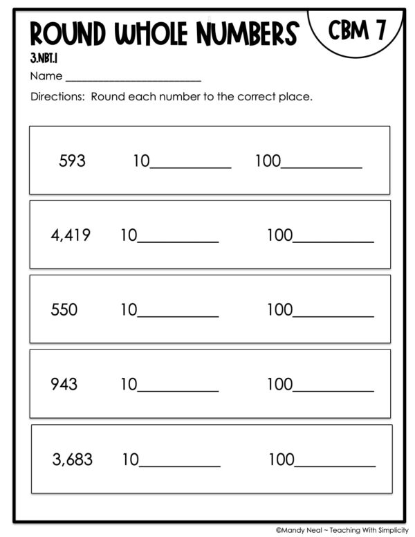 3rd Grade Round Whole Numbers Intervention Assessment 7