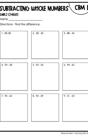 3rd Grade Subtracting 2-Digit Whole Numbers Intervention Assessment 1