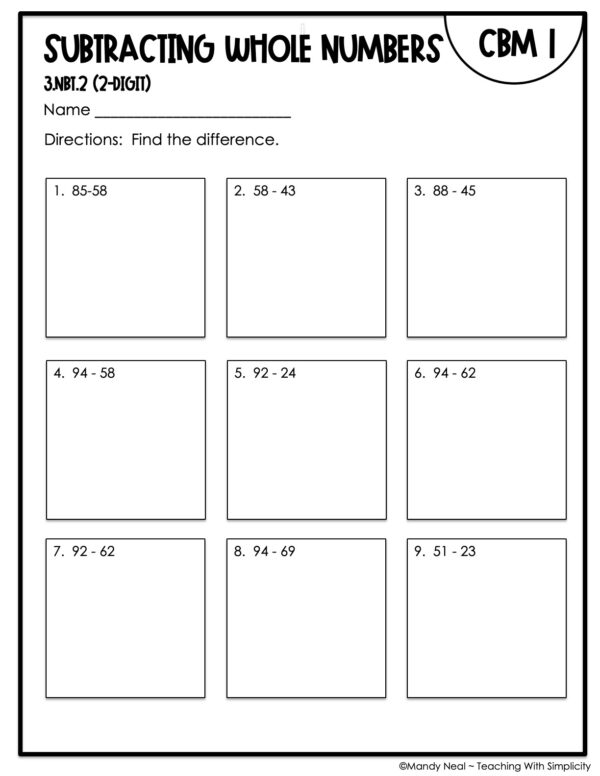 3rd Grade Subtracting 2-Digit Whole Numbers Intervention Assessment 1