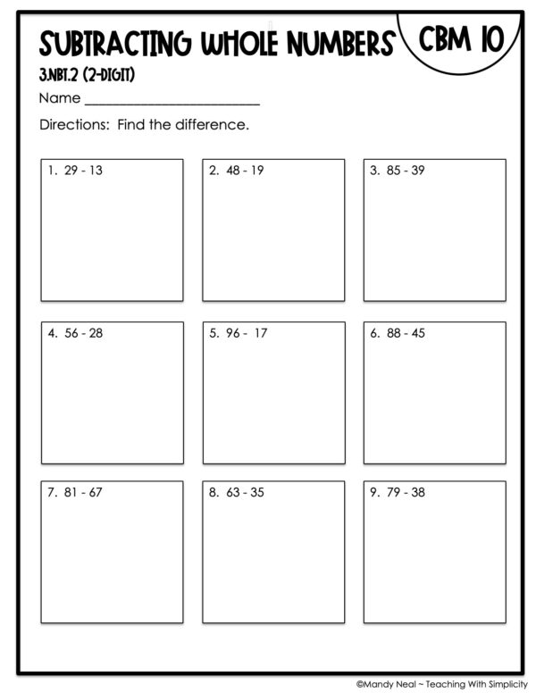 3rd Grade Subtracting 2-Digit Whole Numbers Intervention Assessment 10