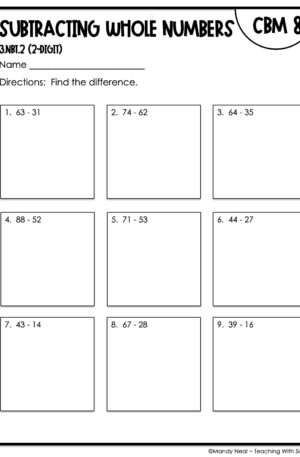 3rd Grade Subtracting 2-Digit Whole Numbers Intervention Assessment 8