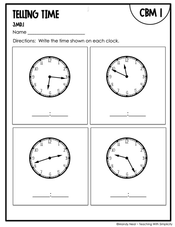 3rd Grade Telling Time Intervention Assessment 1