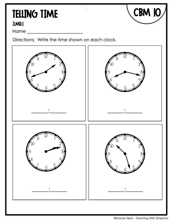 3rd Grade Telling Time Intervention Assessment 10