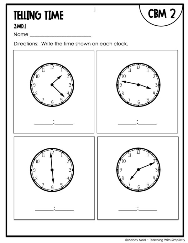 3rd Grade Telling Time Intervention Assessment 2