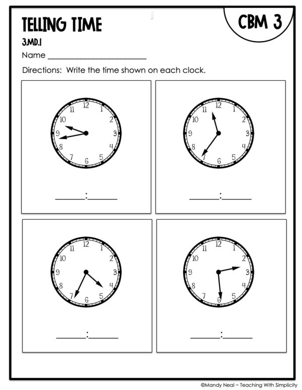 3rd Grade Telling Time Intervention Assessment 3