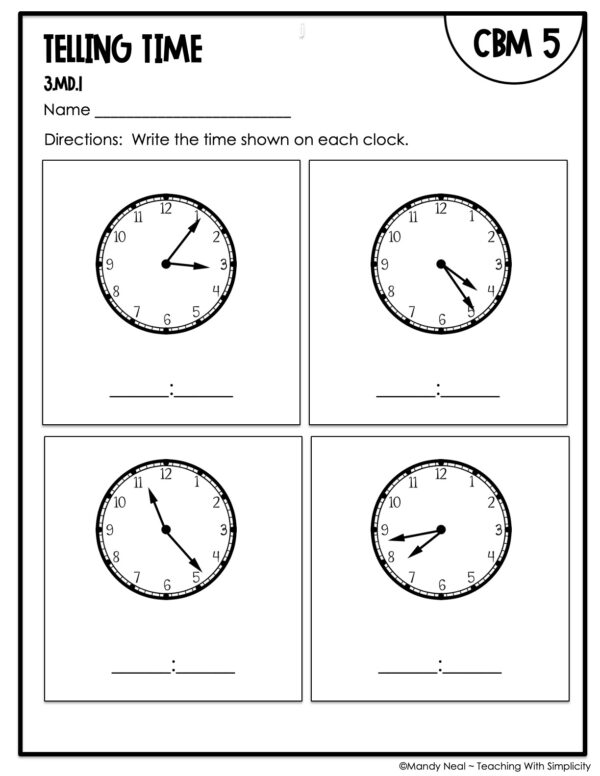 3rd Grade Telling Time Intervention Assessment 5