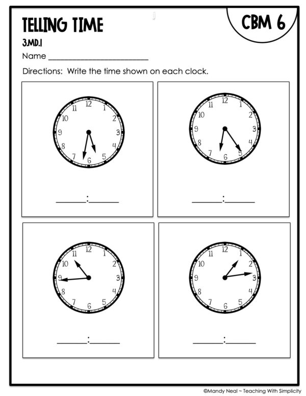 3rd Grade Telling Time Intervention Assessment 6