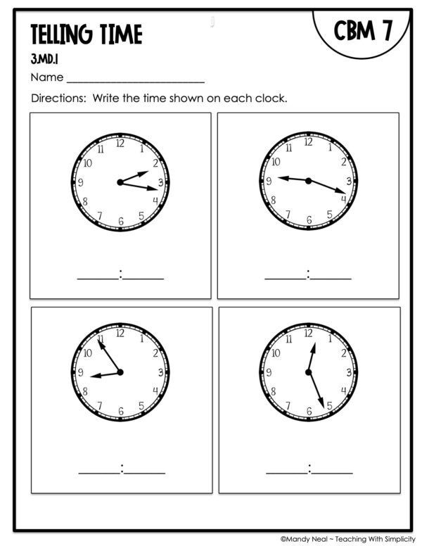 3rd Grade Telling Time Intervention Assessment 7