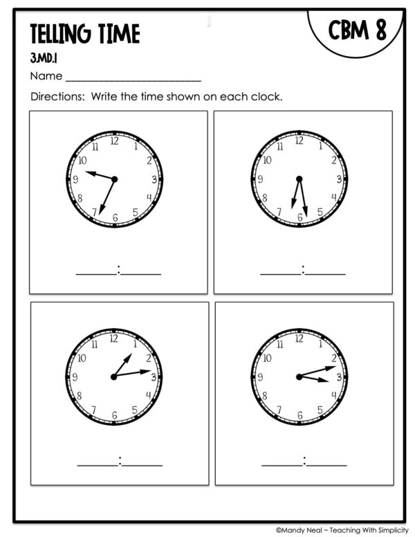 3rd Grade Telling Time Intervention Assessment 8