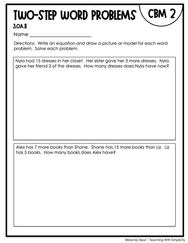 3rd Grade Two-Step Word Problems Intervention Assessment 2