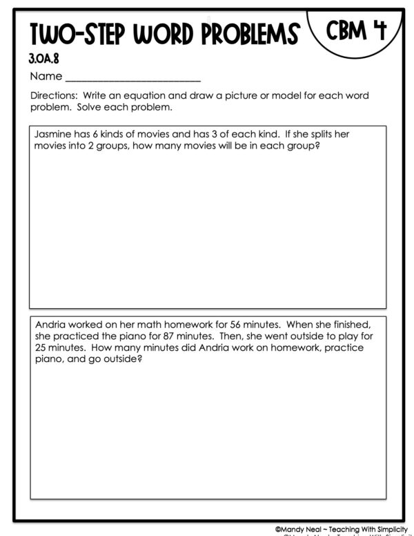 3rd Grade Two-Step Word Problems Intervention Assessment 4