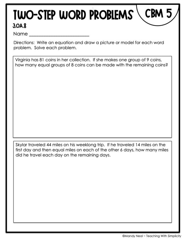 3rd Grade Two-Step Word Problems Intervention Assessment 5